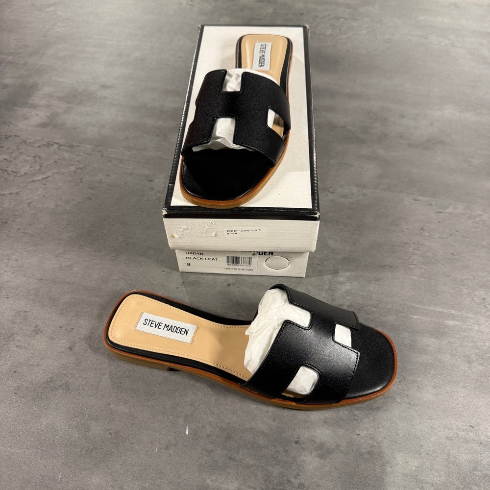 Steve Madden Sandals Womens 8 Hadyn Black Leather H-Strap Slide NEW
